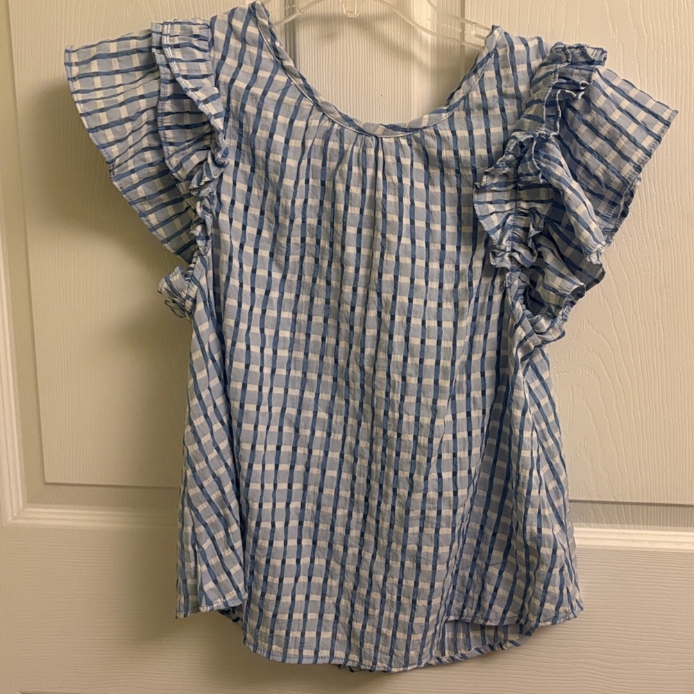 Blue and White Checkered Ruffle Sleeve Top